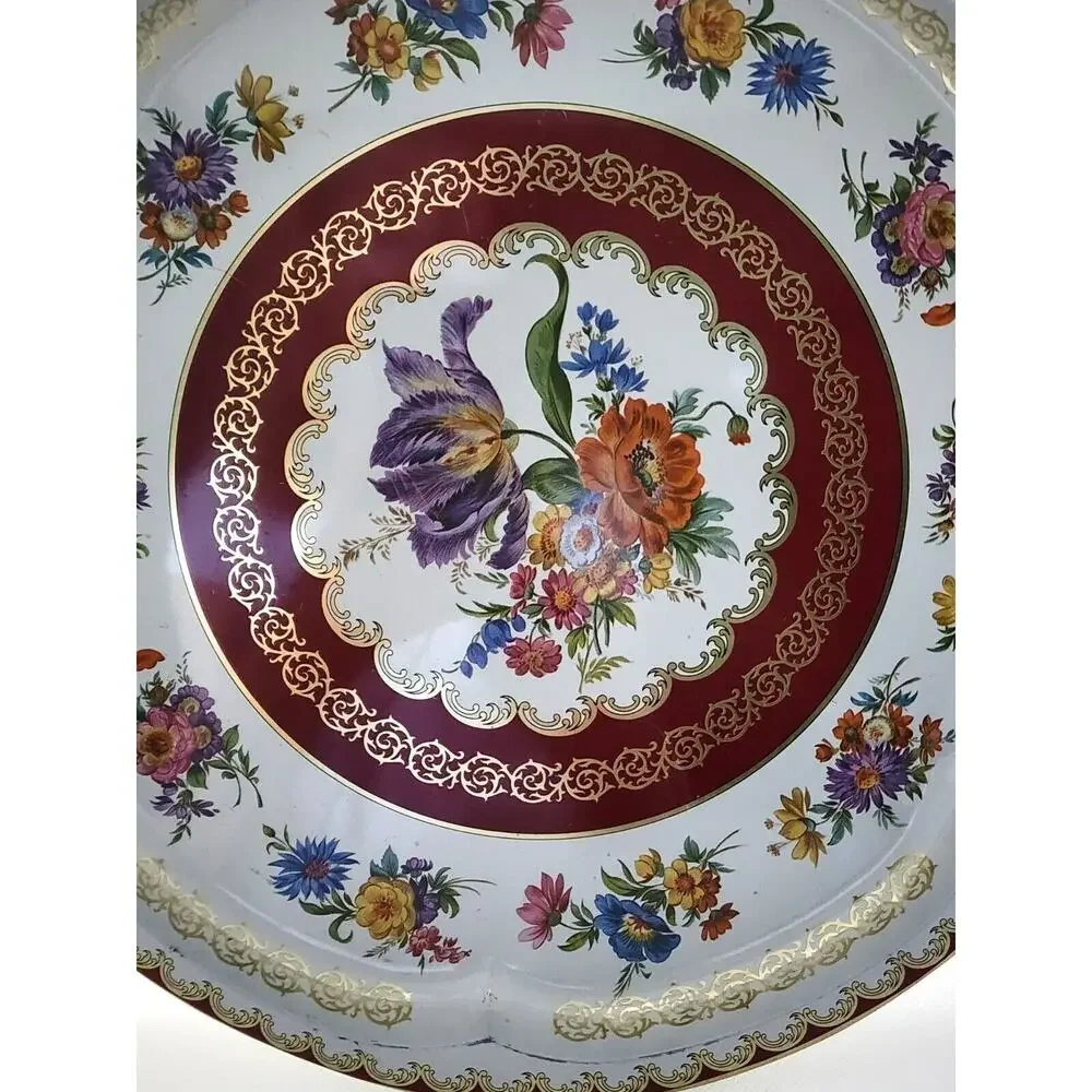 Vintage Daher Decorated Ware Floral Tin Tray 12” Round England Burgundy Gold